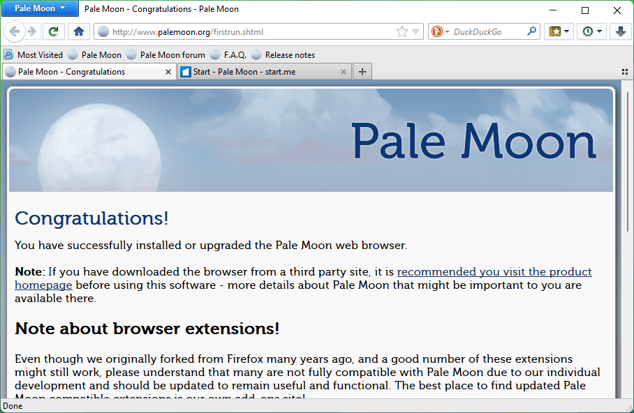pale moon browser with the first page after installation